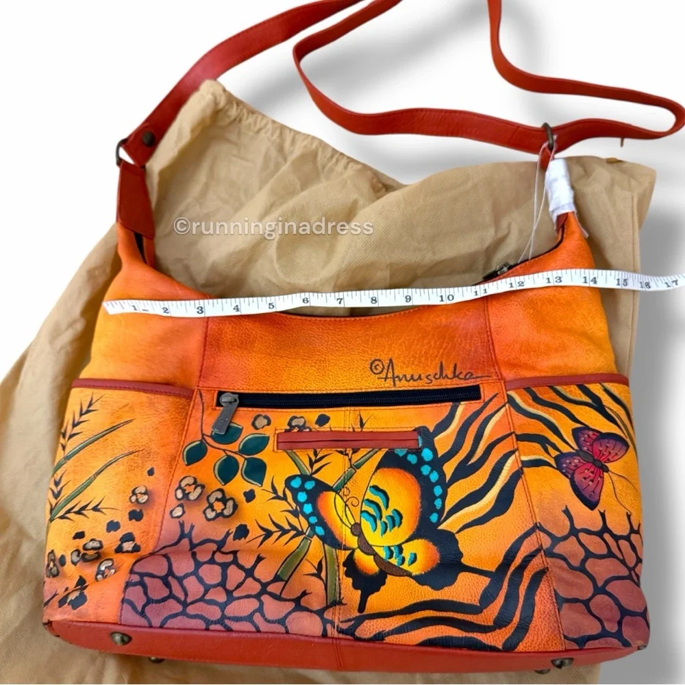 Anuschka Hand-Painted Leather Convertible Hobo Animal Butterfly Print Tangerine